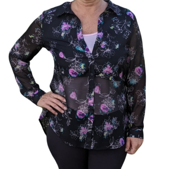 Lauren Conrad Long Button Up Blouse Floral Print on Black - Large - Picture 3 of 11